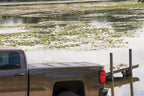 BAKFlip FiberMax Hard Folding Truck Bed Cover Rail Mounts Near Top of Bed Rail Rails Can Be Lowered Using Drop Down Brackets 2022-2026 Toyota Tundra 5 Foot 7 Inch Bed with or without Deck Rail System w/out Trail Special Edition Storage Boxes BAK
