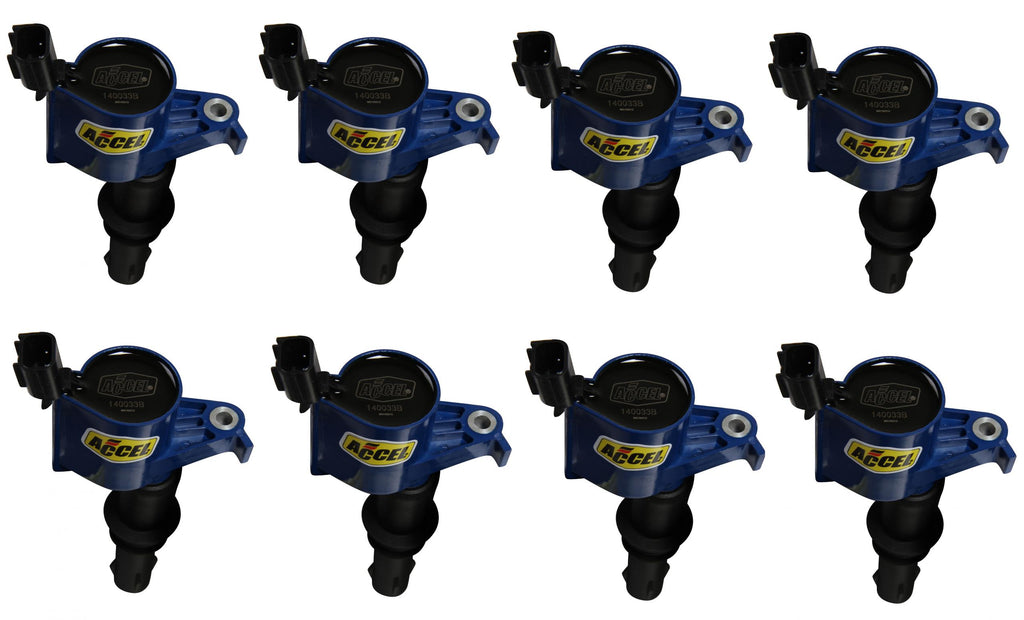 Direct Ignition Coil Kit Supercoil 2004-2008 Ford 4.6L/5.4L/6.8L 3-Valve- Blue 8-Pack Supercoil With Shorter Black Boot For 2004-2008 Ford Modular 3V 4.6L/ 5.4L / 6.8L V10 Engines ACCEL