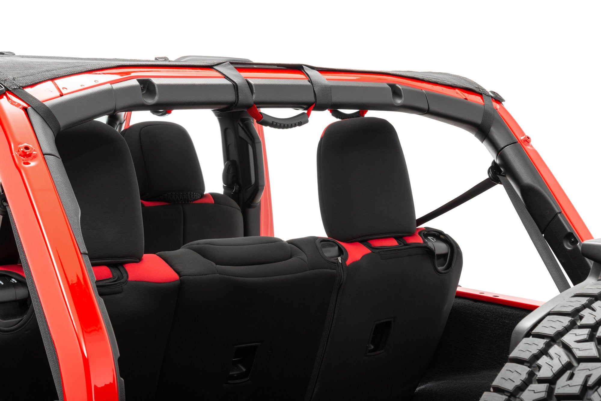Mesh Bimini Top Plus with Integrated Grab Handle, 18-Present Jeep JLU Wrangler 4 Door, Black/Red GH MasterTop
