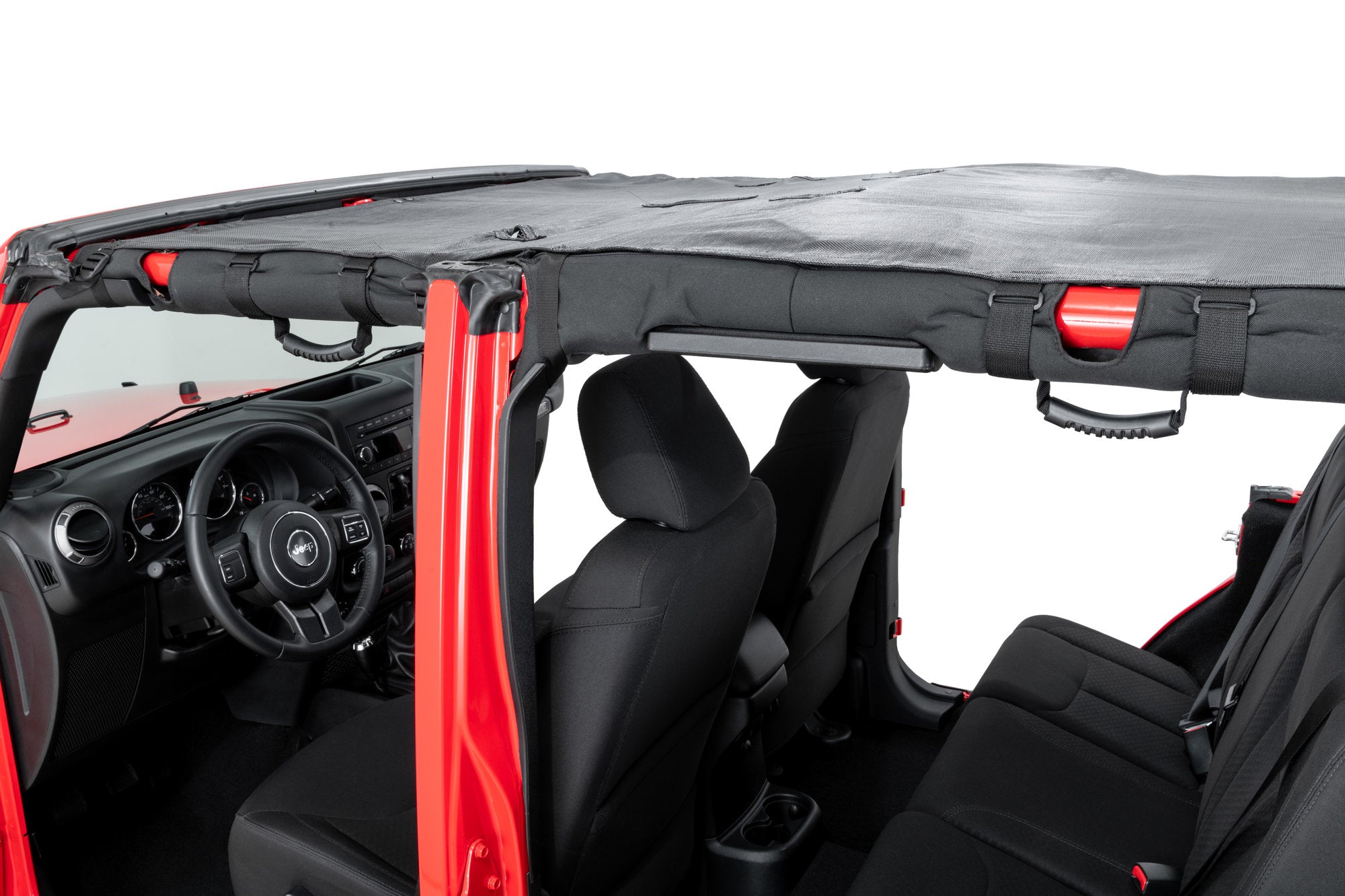 Mesh Bimini Top Plus with Integrated Grab Handle, 07-18 Jeep JK Wrangler 4 Door, Black/Red GH MasterTop