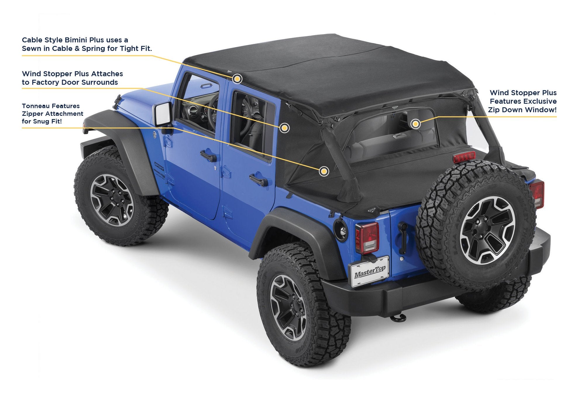 Jeep JK Combo For Soft Top Equipped Cable Style Bimini Top Plus 07-09 Wrangler JK 4 Door w/s Header Includes Conversion Kit WindStopper Plus and Tonneau MasterTwill MasterTop