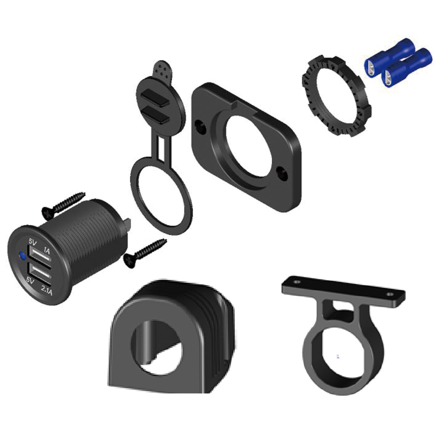 USB Power Socket Dual 5V 1A and 2.1A W/Cover and 3 Mounting Brackets Bulldog Winch