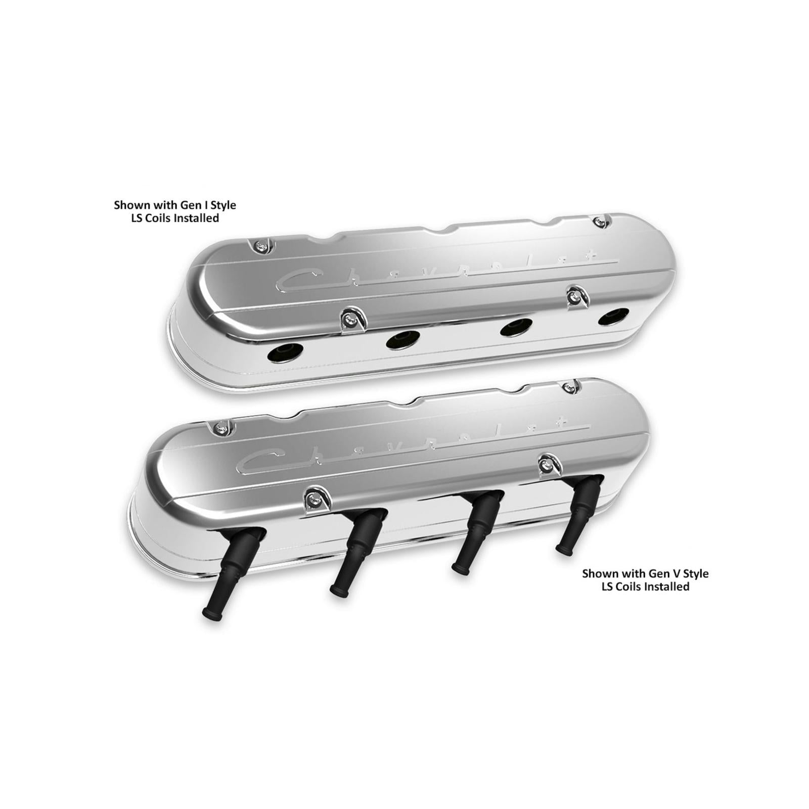 2-Piece Chevrolet Script Valve Cover Gen III/iv LS Polished Chevrolet Gen III/iv LS Cast Aluminum Coil-Mounting Base & Integrated Coil Cover Holley