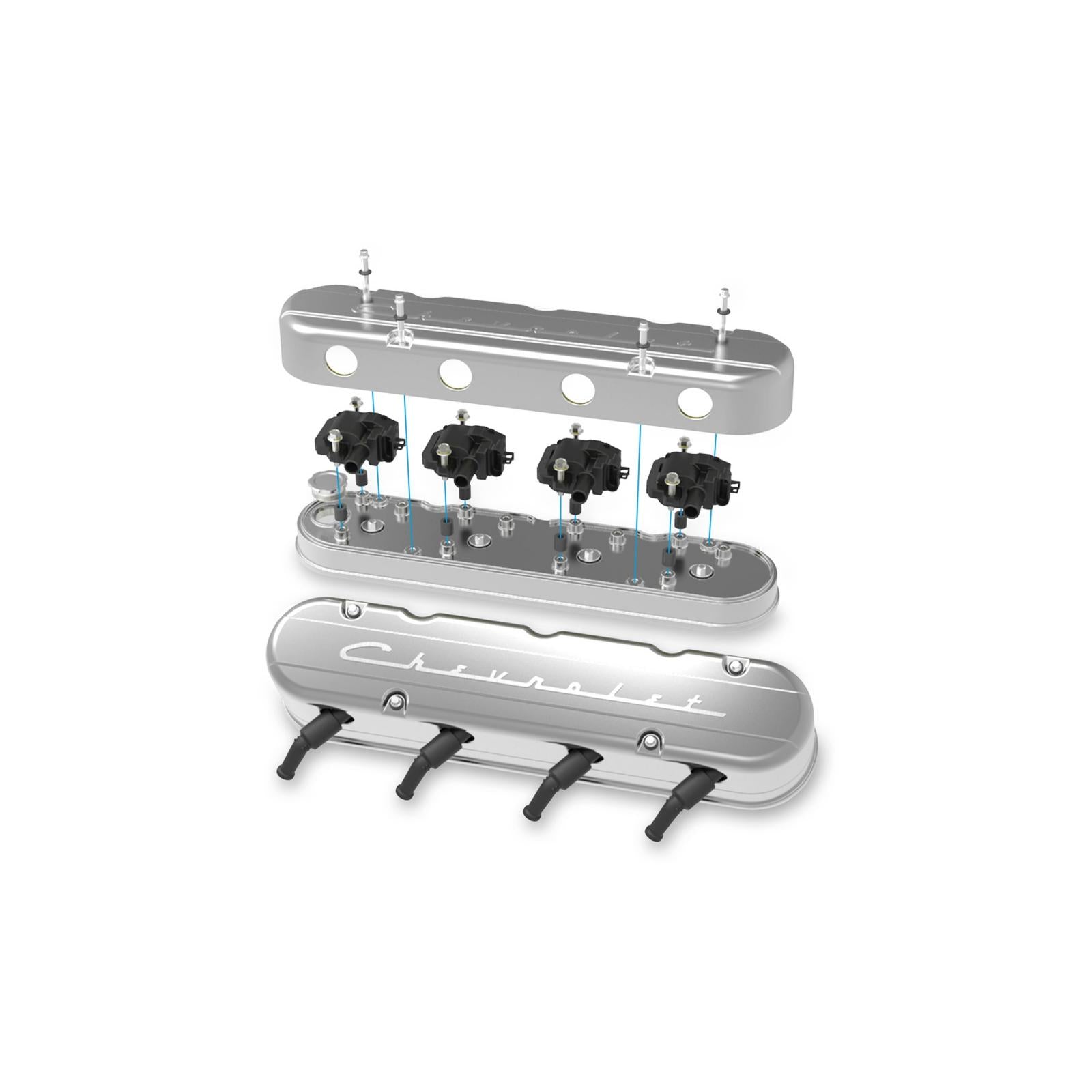 2-Piece Chevrolet Script Valve Cover Gen III/iv LS Polished Chevrolet Gen III/iv LS Cast Aluminum Coil-Mounting Base & Integrated Coil Cover Holley