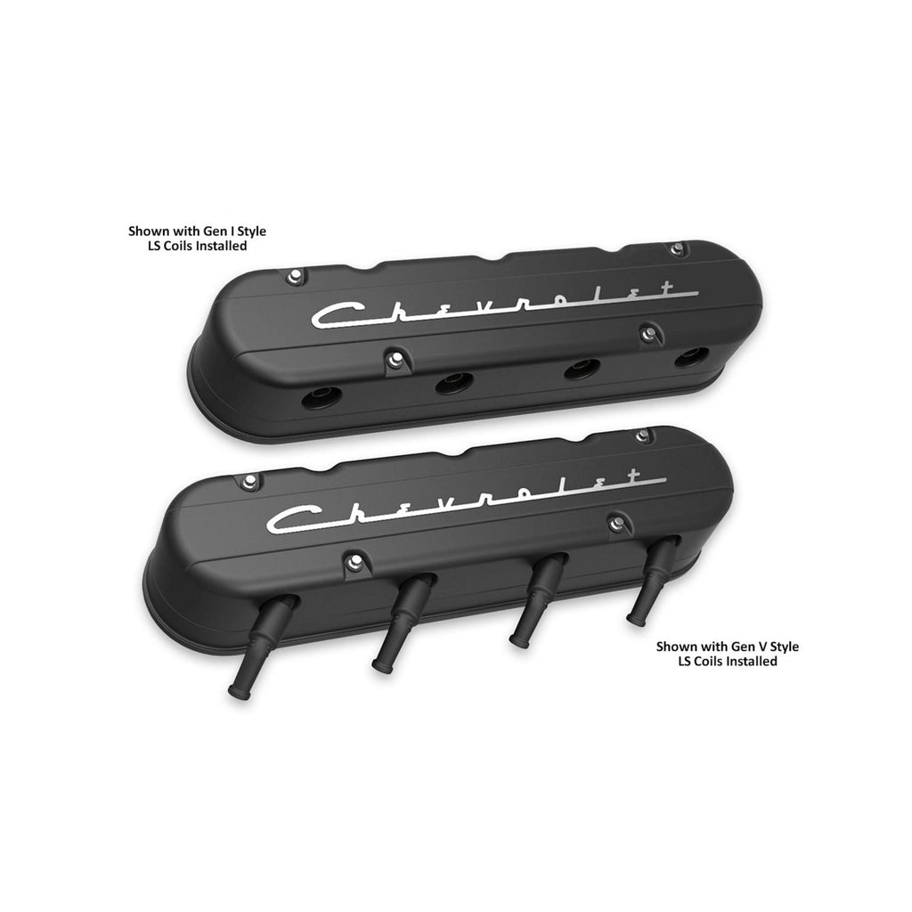 2-Piece Chevrolet Script Valve Cover Gen III/iv LS Satin Black Machined Chevrolet Gen III/iv LS Cast Aluminum Coil-Mounting Base & Integrated Coil Cover Holley