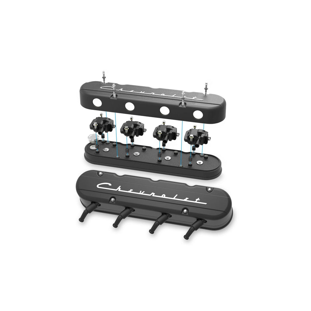 2-Piece Chevrolet Script Valve Cover Gen III/iv LS Satin Black Machined Chevrolet Gen III/iv LS Cast Aluminum Coil-Mounting Base & Integrated Coil Cover Holley