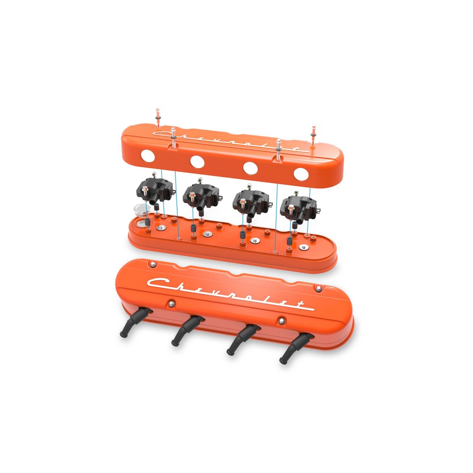 2-Piece Chevrolet Script Valve Cover Gen III/iv LS Factory Orange Machined Chevrolet Gen III/iv LS Cast Aluminum Coil-Mounting Base & Integrated Coil Cover Holley
