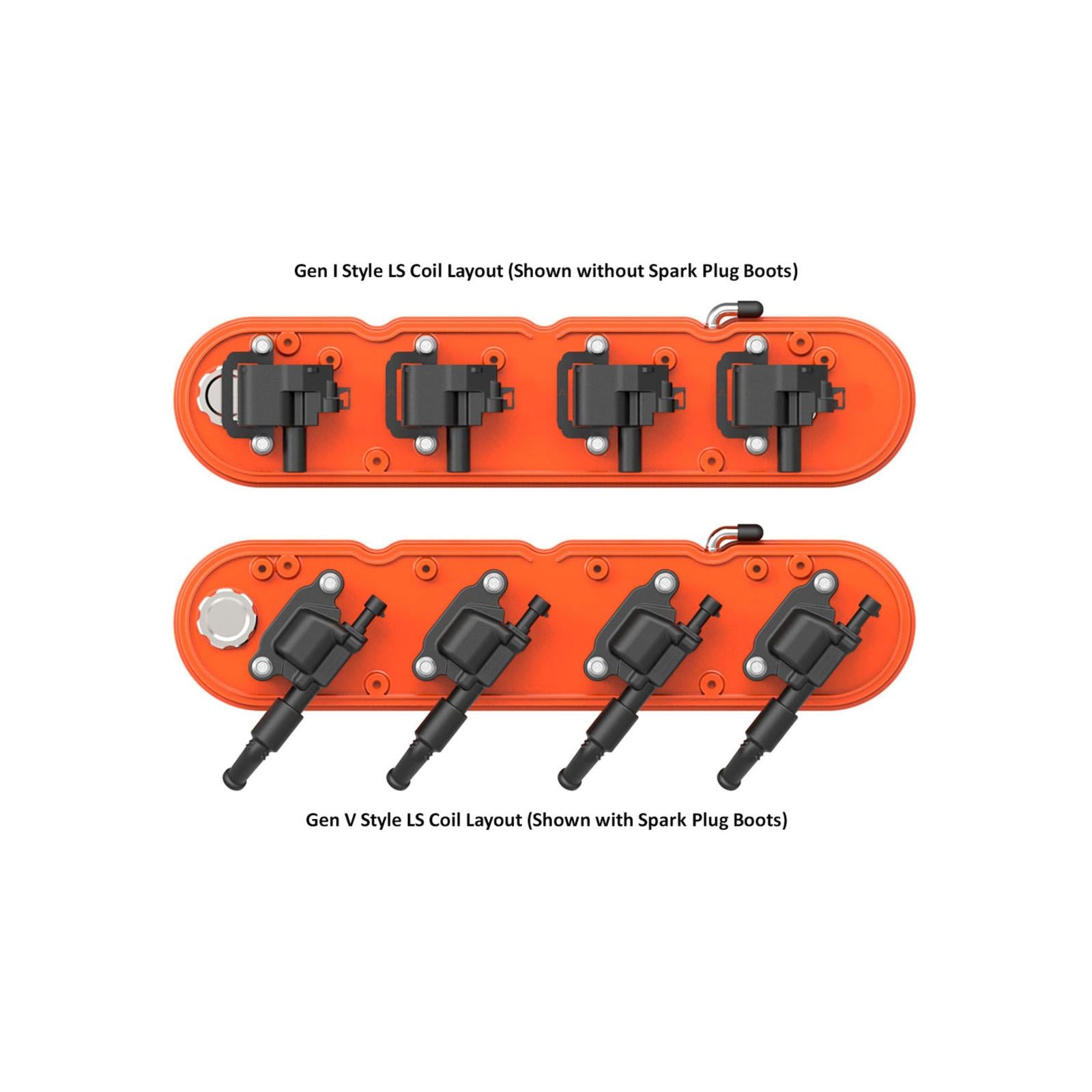 2-Piece Chevrolet Script Valve Cover Gen III/iv LS Factory Orange Machined Chevrolet Gen III/iv LS Cast Aluminum Coil-Mounting Base & Integrated Coil Cover Holley