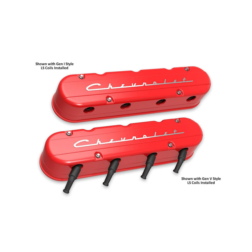 2-Piece Chevrolet Script Valve Cover Gen III/iv LS Gloss Red Machined Chevrolet Gen III/iv LS Cast Aluminum Coil-Mounting Base & Integrated Coil Cover Holley