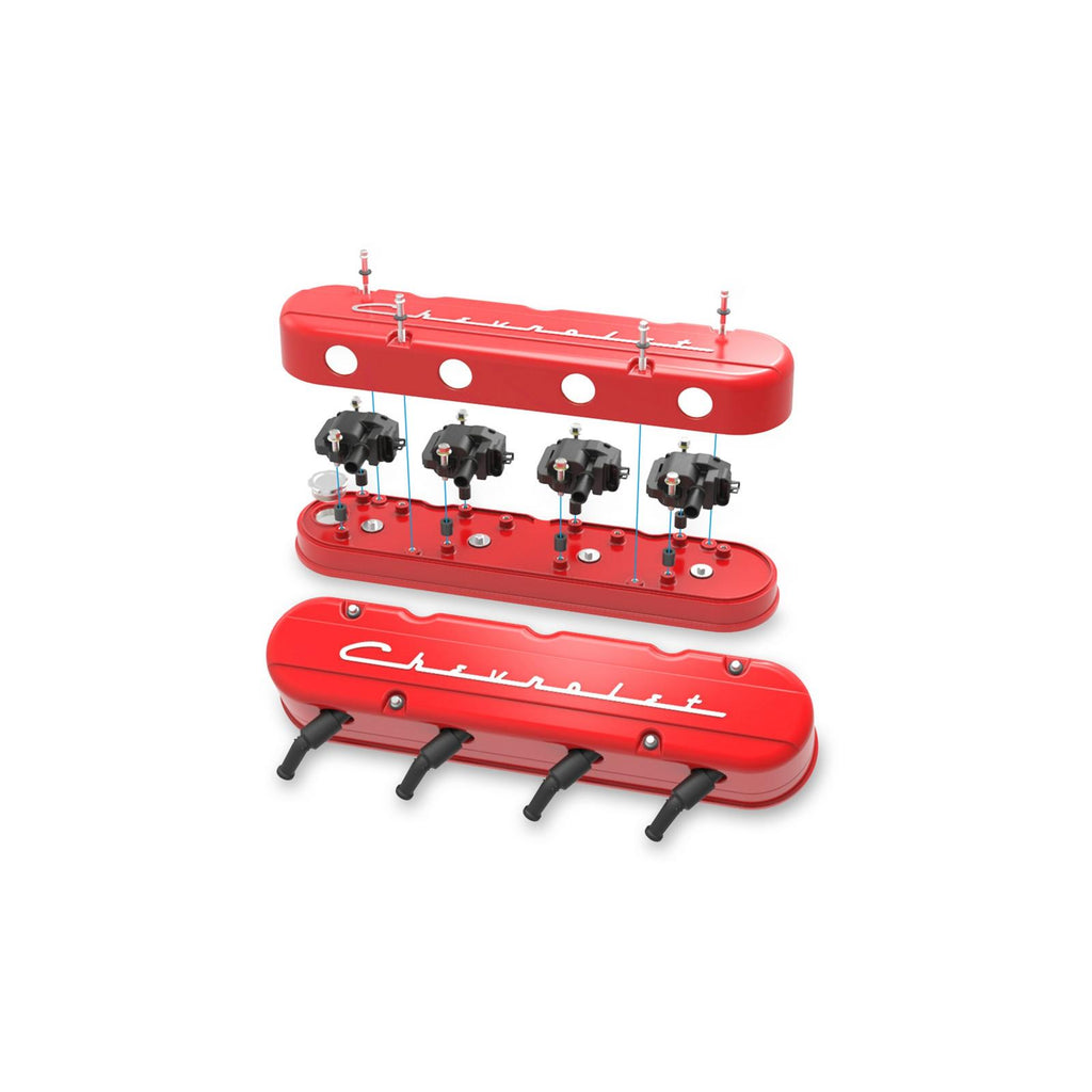 2-Piece Chevrolet Script Valve Cover Gen III/iv LS Gloss Red Machined Chevrolet Gen III/iv LS Cast Aluminum Coil-Mounting Base & Integrated Coil Cover Holley
