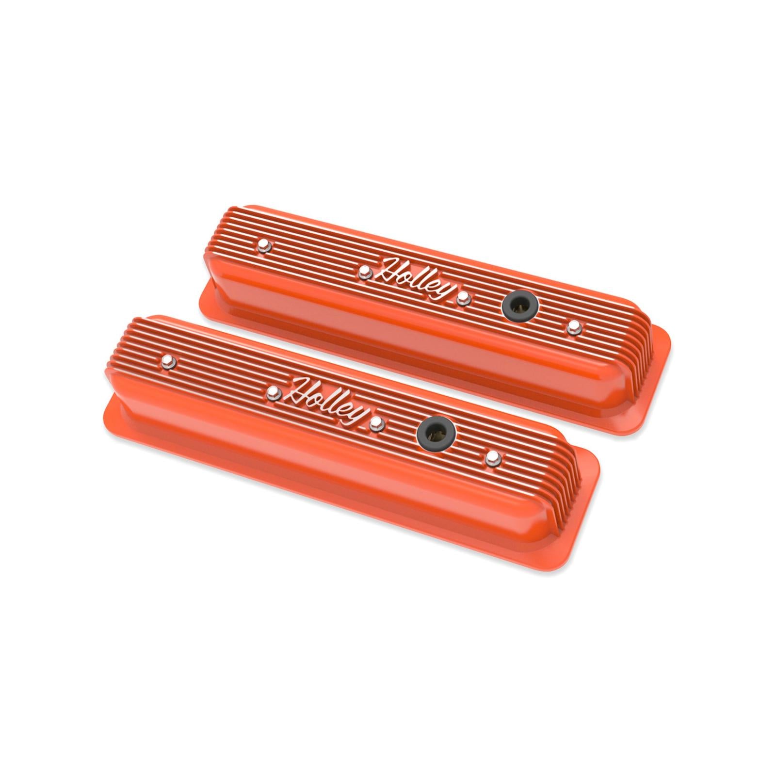Vintage Finned Valve Cover Script SBC Center Bolt Factory Orange Machined Small Block Chevrolet ZZ6/Vortec Center Bolt Valve Cover Emissions Provision Holley