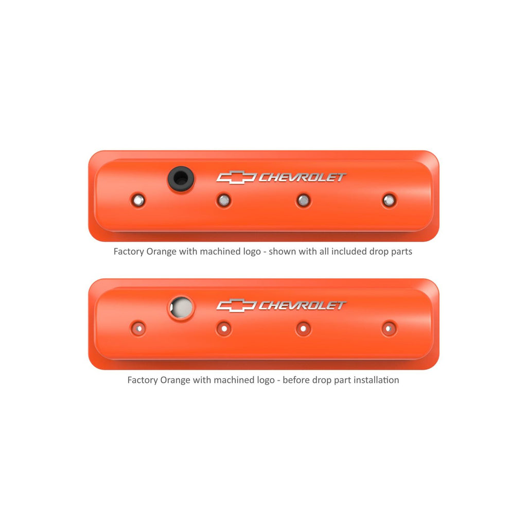 GM Licensed Valve Cover Muscle Series SBC Center Bolt Factory Orange Machined Small Block Chevrolet ZZ6/Vortec Emissions Provision Holley