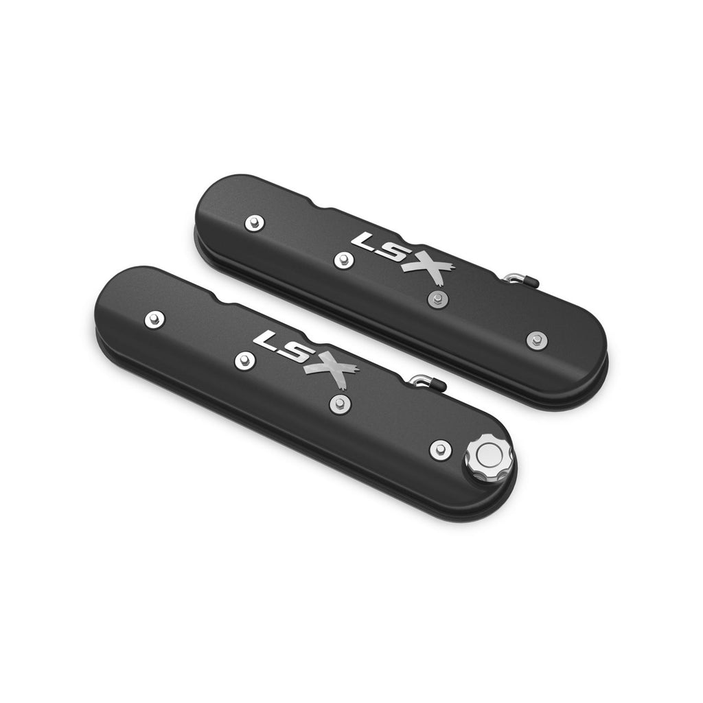 Tall LS Valve Cover with LSX Logo Satin Black Machined Finish Includes Lengthened Hardware, OE Style Baffle System, and Billet Fill Cap Holley