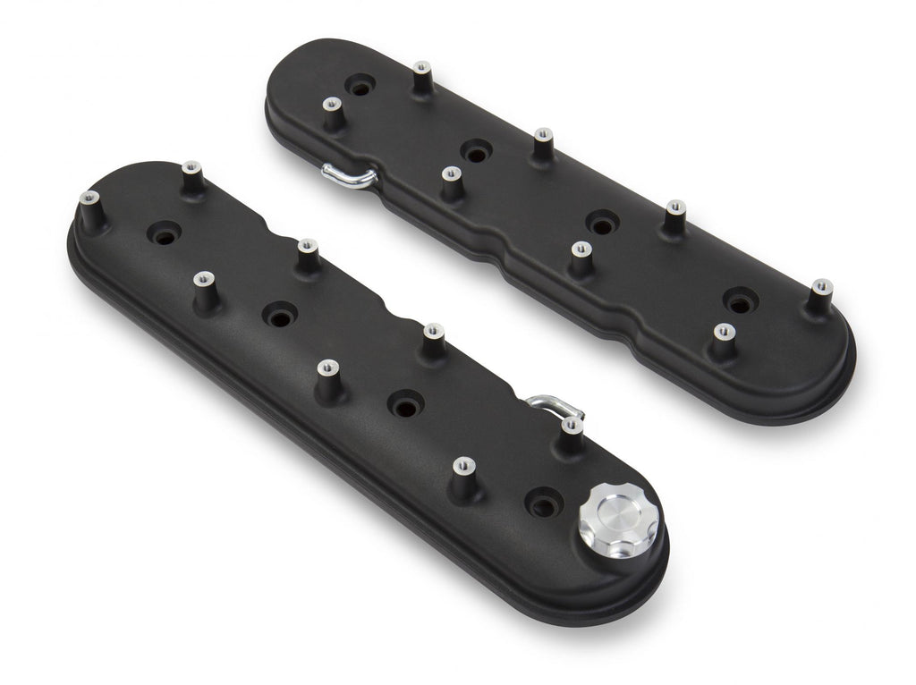 LS Valve Covers Satin Black Textured Finish Standard Height LS Valve Covers W/ Coil Mounting Posts, Cast Aluminum Satin Black Textured Finish Holley
