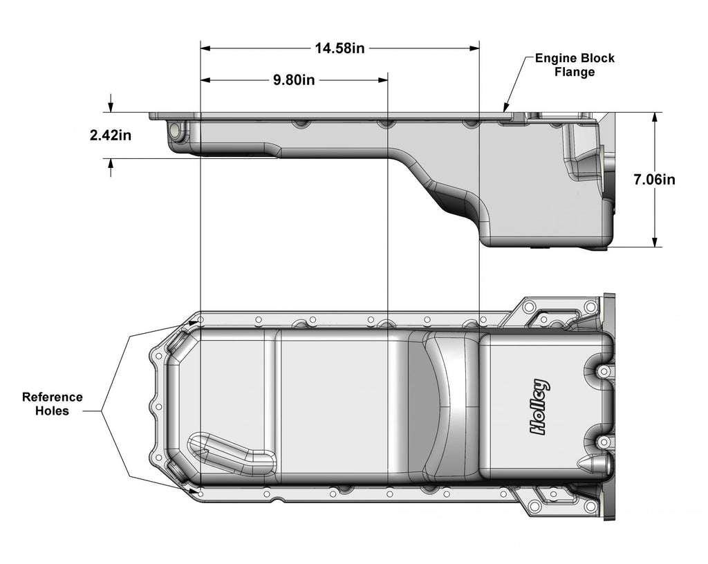 Gen III Hemi Swap Oil Pan Rear-Sump Natural Non-VVT Fits Non-VVT Gen III Hemi Engines 2003-2008 5.7L, 2005-2010 6.1L, 2007-2010 392 Hemi Crate Engines Rear-Sump Design Fits Most Trucks Natural As-Cast Finish Holley