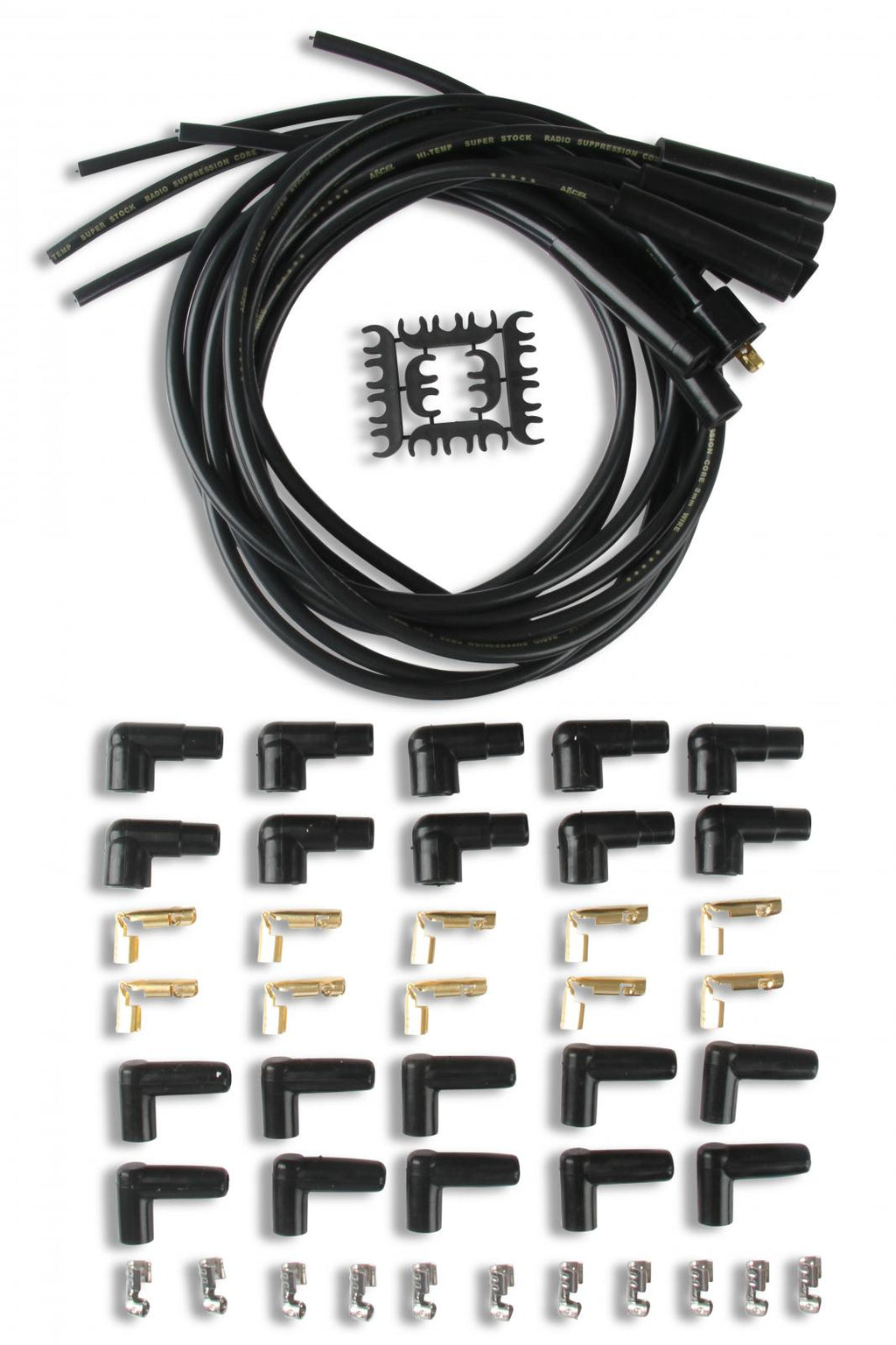 Spark Plug Wire Set- 8MM Black Wire With Black Straight Boots 4040K, Spark Plug Wires, Super Stock, Spiral Core, 8Mm, Black, Set ACCEL