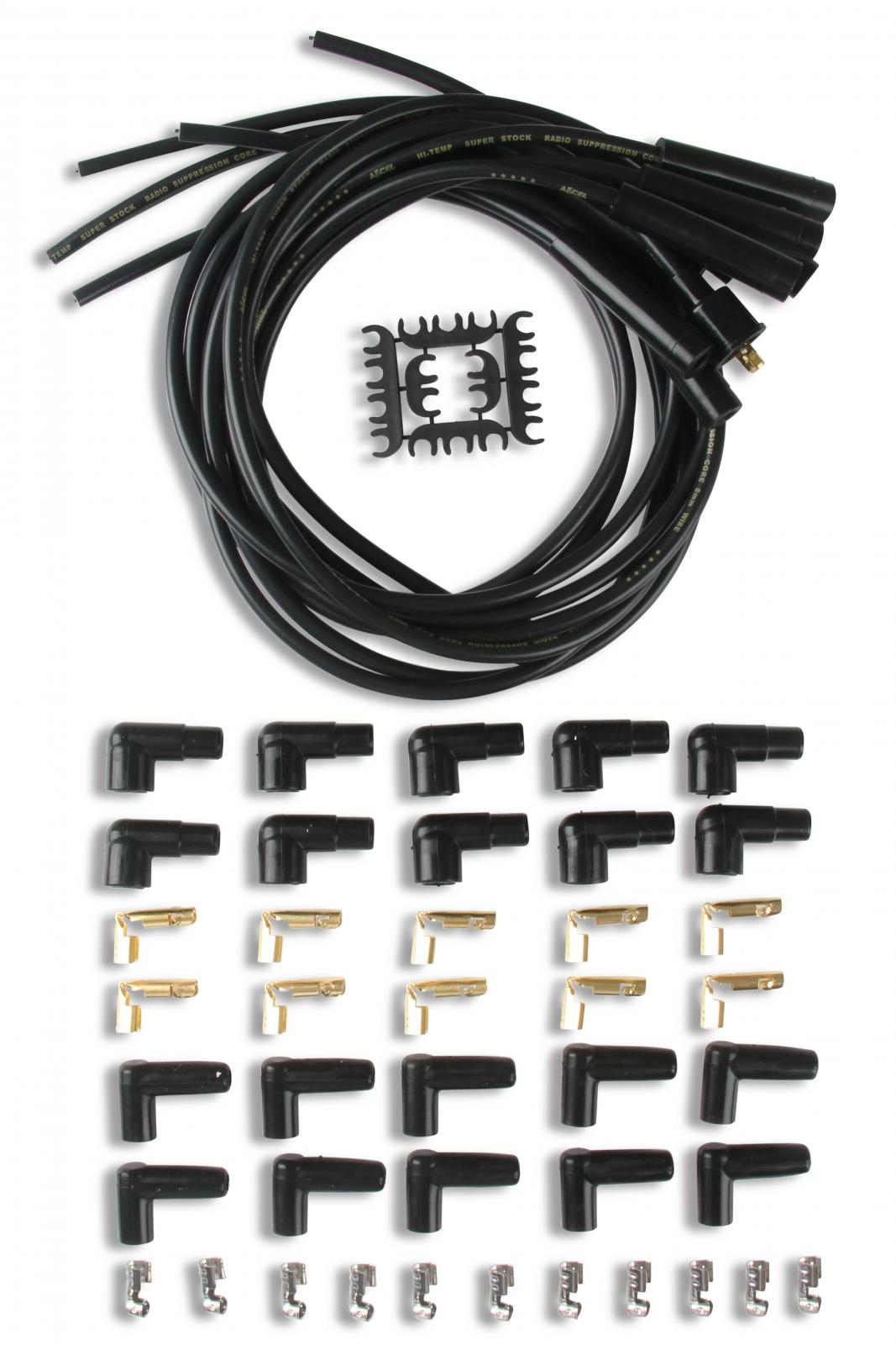 Spark Plug Wire Set- 8MM Black Wire With Black Straight Boots 4040K, Spark Plug Wires, Super Stock, Spiral Core, 8Mm, Black, Set ACCEL