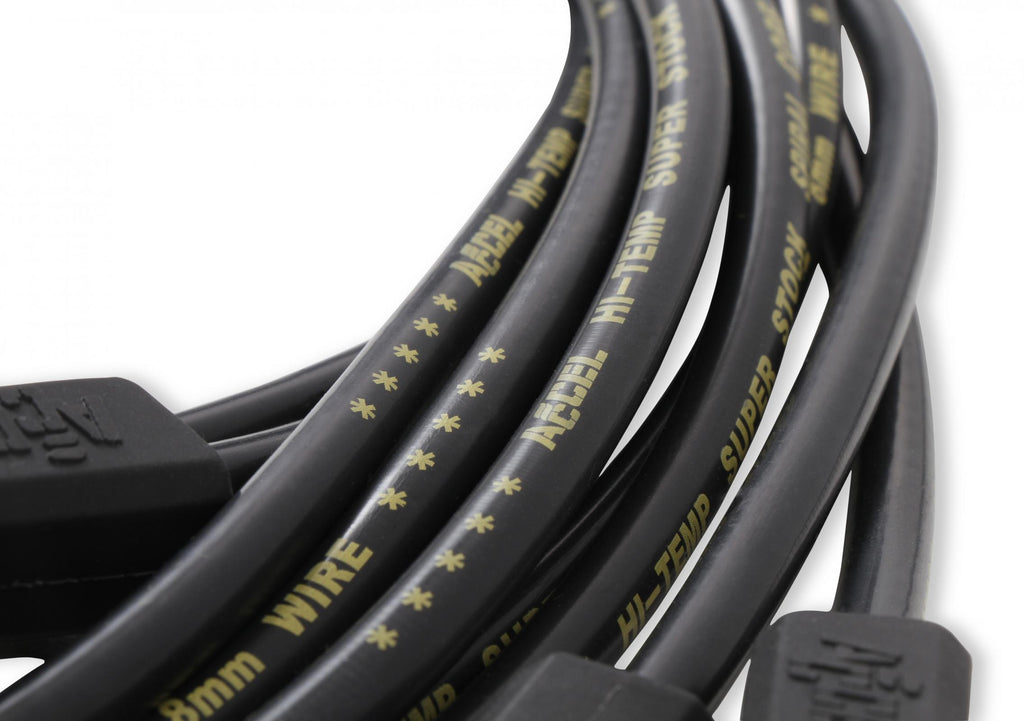Spark Plug Wire Set- 8MM Super Stock Custom Black Wire Custom Spark Plug Wire Set 500 Ohms/Ft Sprial Core Sbc 1987-1995 V8 ACCEL