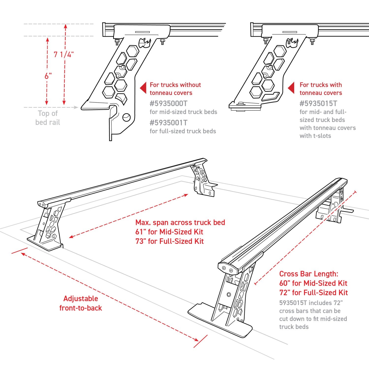 XRS Cross Bars Bed Rail Kit for Full/Mid Sized Trucks W/Tonneau Cover T Tracks Textured Black 2006-2026 Nissan Frontier 2016-2026 Toyota Tacoma 2017-2026 Ford F-250/F-350 Go Rhino