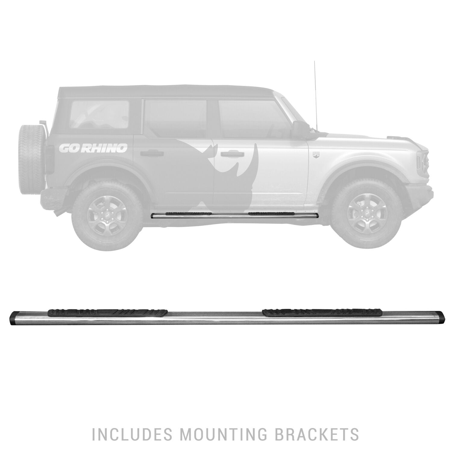 5 Inch OE Xtreme Low Profile SideSteps With Mounting Bracket Kit Polished Stainless Steel 2021-2025 Ford Bronco 4 Door Go Rhino