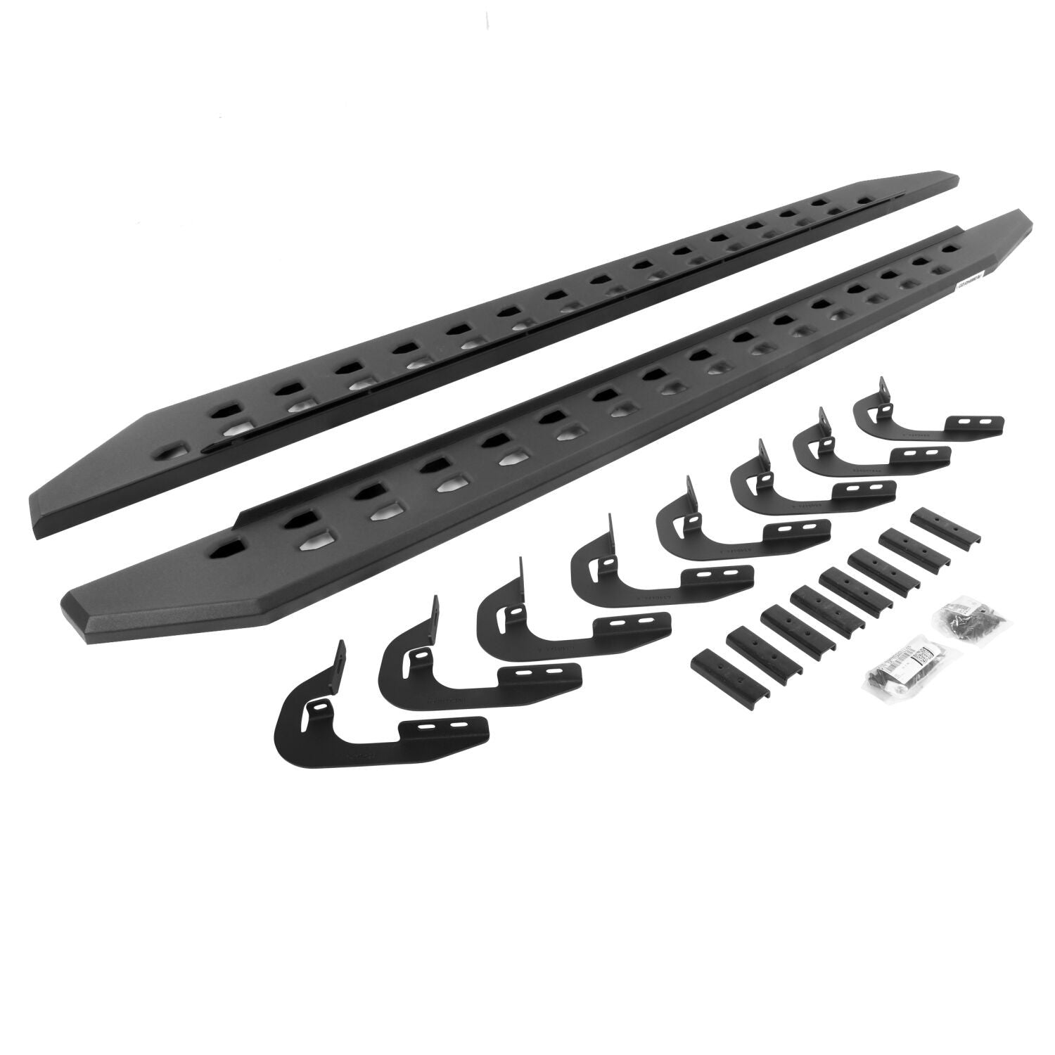 RB10 Slim Line Running Boards With Mounting Brackets Textured Black 2014-2018 Silverado/Sierra 1500 2015-2018 Silverado/Sierra 2500 HD/3500 HD Go Rhino