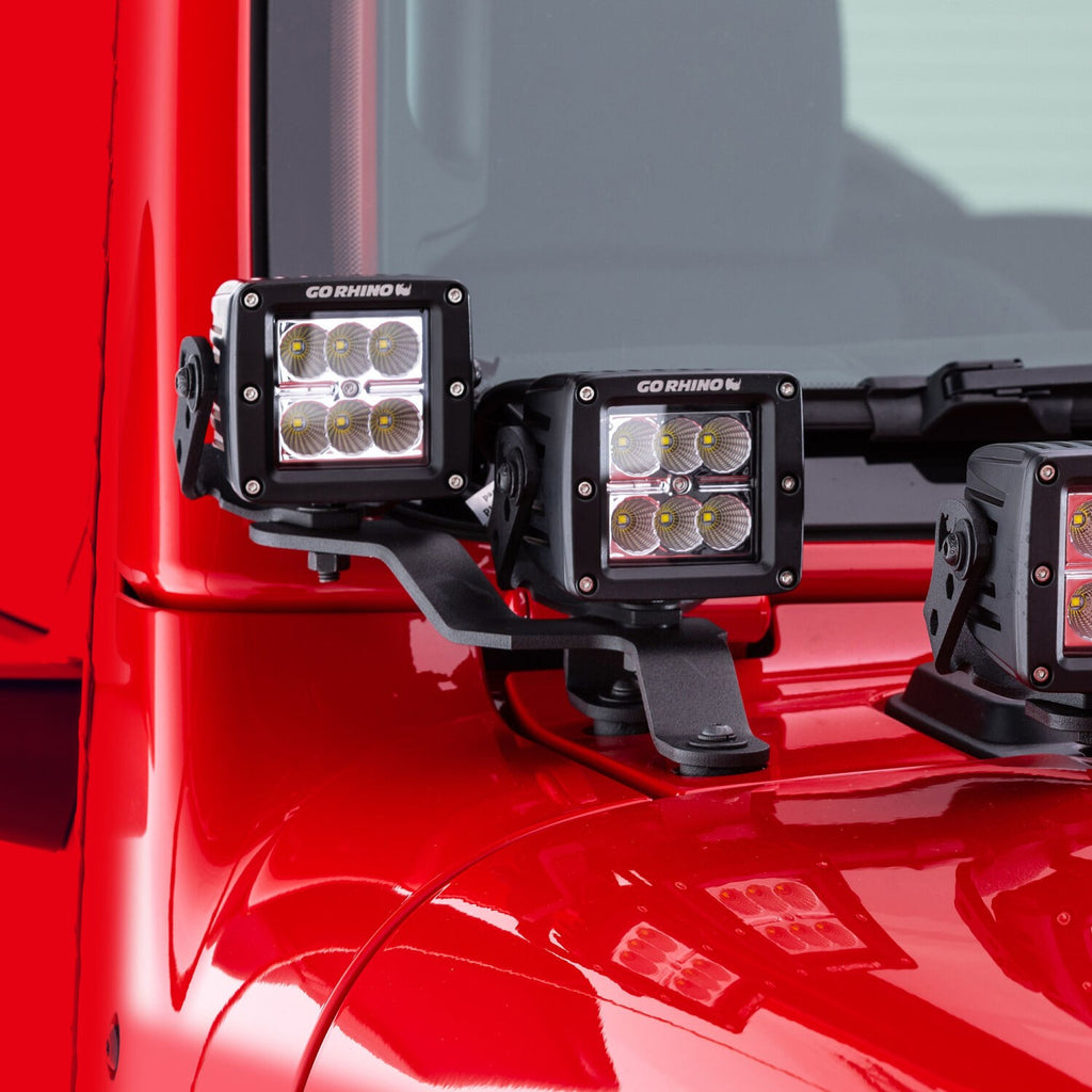 XE Windshield Cowl Light Mount Two 3 Inch X 3 Inch Industry Standard Cube LED's Textured Black 2018-2026 Jeep Wrangler JL 2020-2025 Jeep Gladiator Go Rhino
