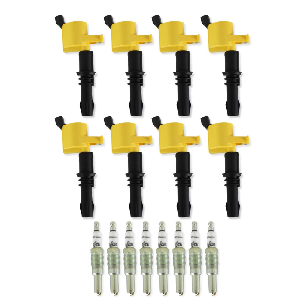 Ignition Upgrade Kit- 2004-2008 Ford 4.6L/5.4L/6.8L 3-Valve, Yellow 8-Pack Includes 8-Pack Of Hp Copper Spark Plugs (P/N 8160) & 8-Pack Of Ignition Coil (P/N 140033-8) ACCEL