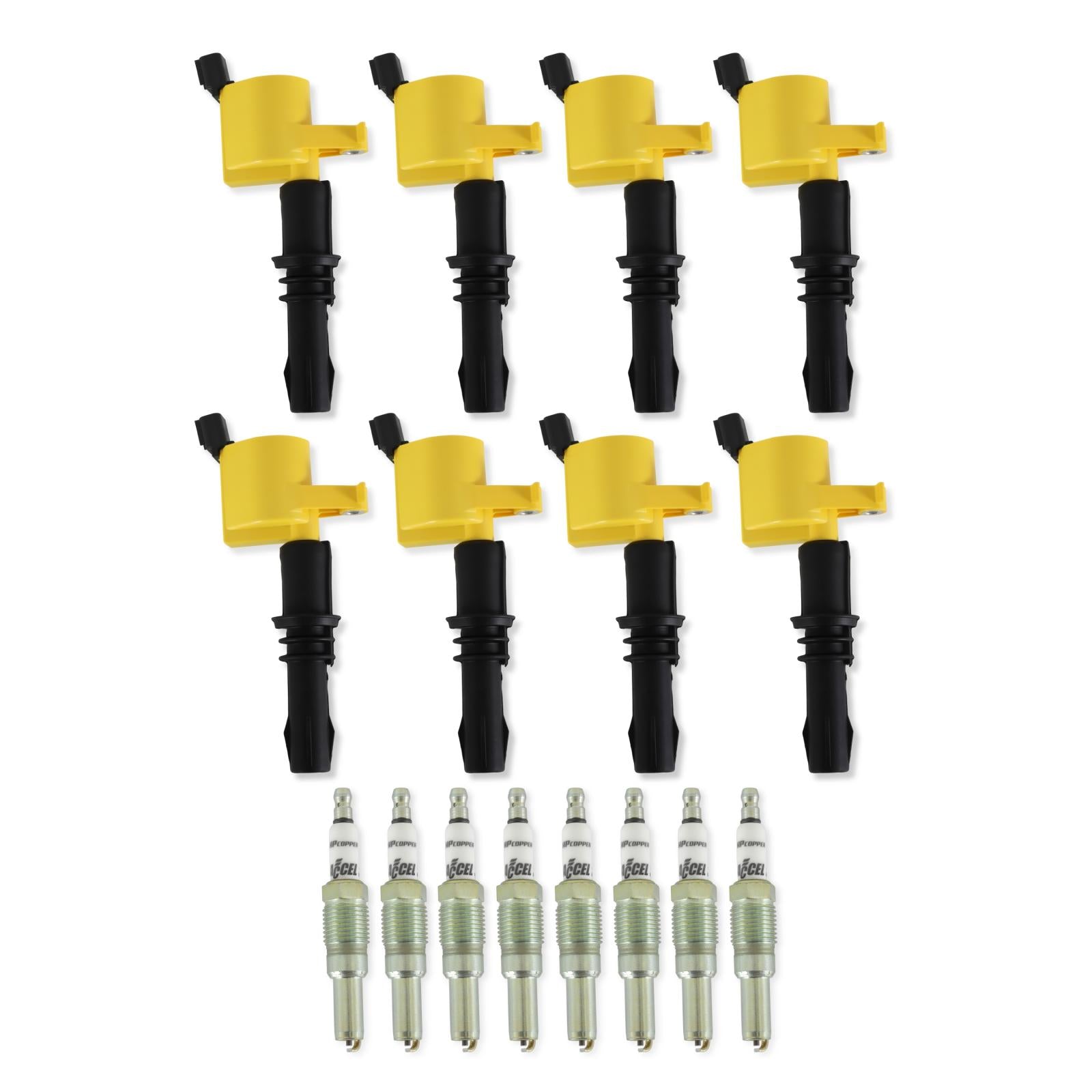 Ignition Upgrade Kit- 2004-2008 Ford 4.6L/5.4L/6.8L 3-Valve, Yellow 8-Pack Includes 8-Pack Of Hp Copper Spark Plugs (P/N 8160) & 8-Pack Of Ignition Coil (P/N 140033-8) ACCEL
