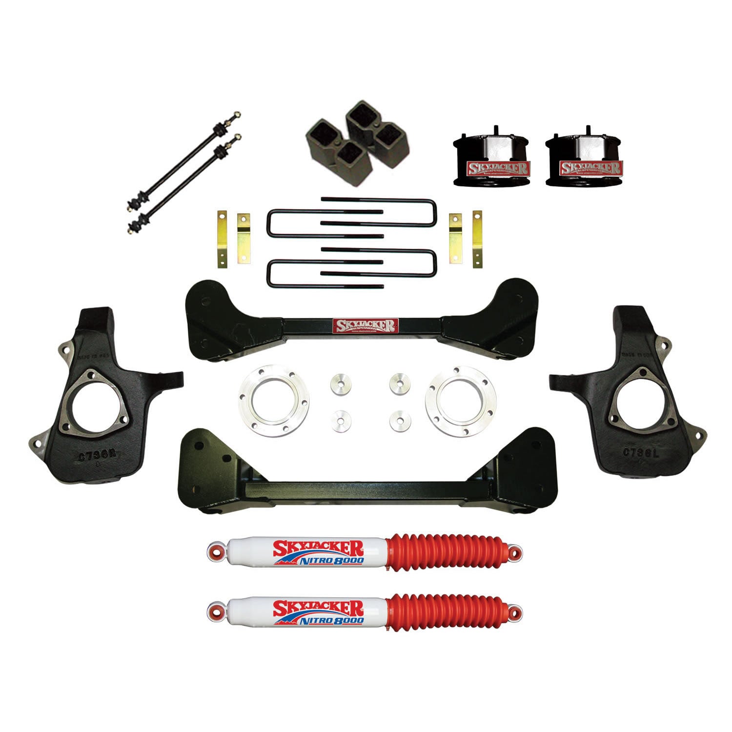 Suspension Lift Kit w/Shock Nitro Shocks 4 Inch Lift 07-13 Silverado/Sierra 1500 07 GMC Sierra 1500 Classic Incl. Knuckles Crossmembers Front Spacer Block UBolt Skyjacker