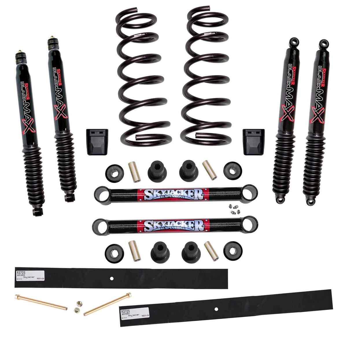 Suspension Lift Kit w/Shock Black MAX Shocks 2-2.5 Inch Lift Incl. Front Coil Spring Rear Add-A-Leafs Lower Links Bump Stops Skyjacker