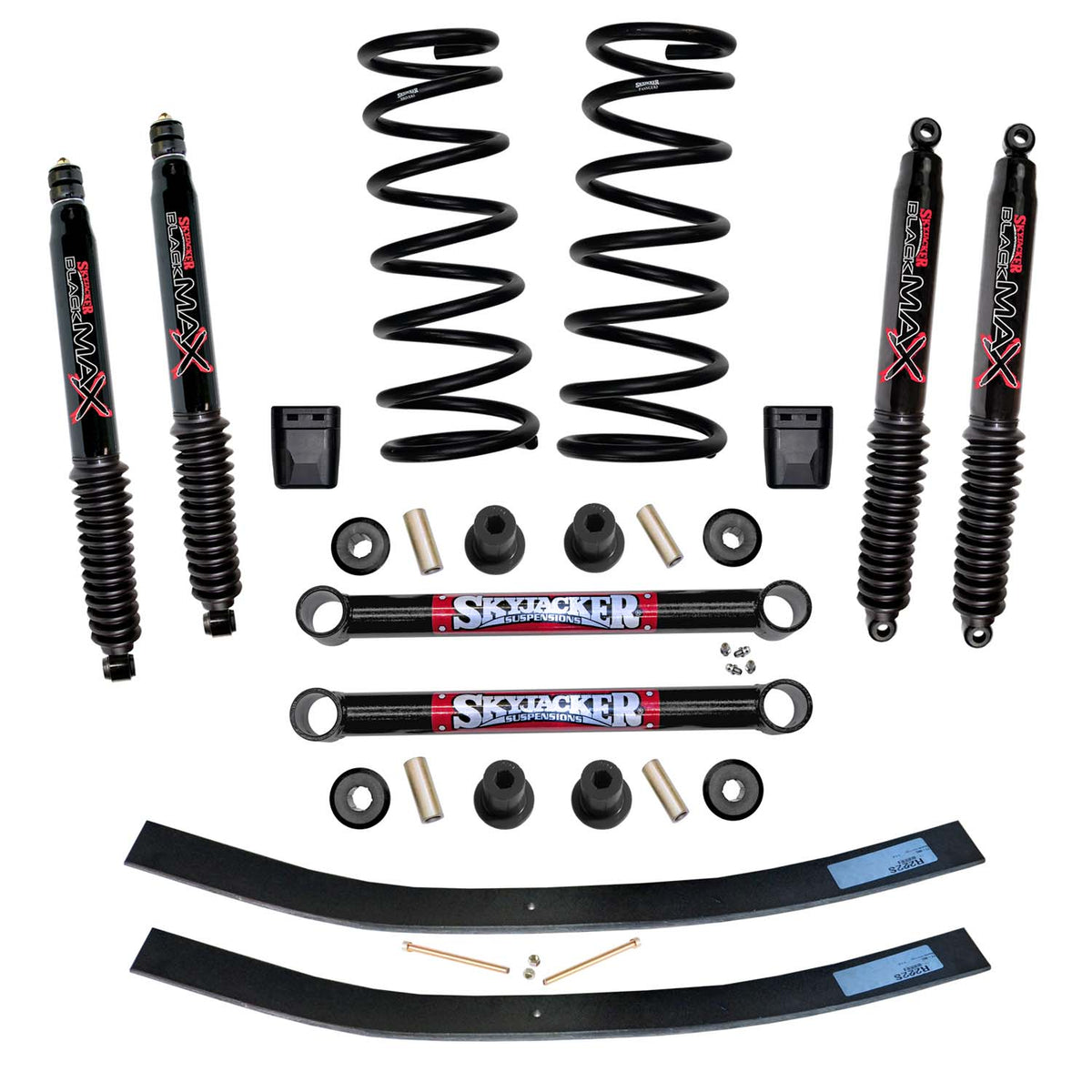 Suspension Lift Kit w/Shock Black MAX Shocks 3 Inch Lift Incl. Front Coil Springs Rear Add-A-Leafs U Bolt Kit Lower Links Bump Stops Skyjacker