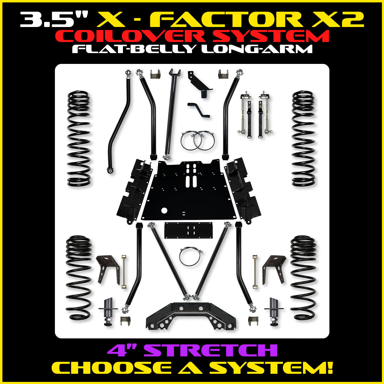 3.5 Inch X-Factor X2 Flat-Belly 4 Inch Stretch Long-Arm Suspension System For Jeep Wrangler LJ With No Shocks Rock Krawler