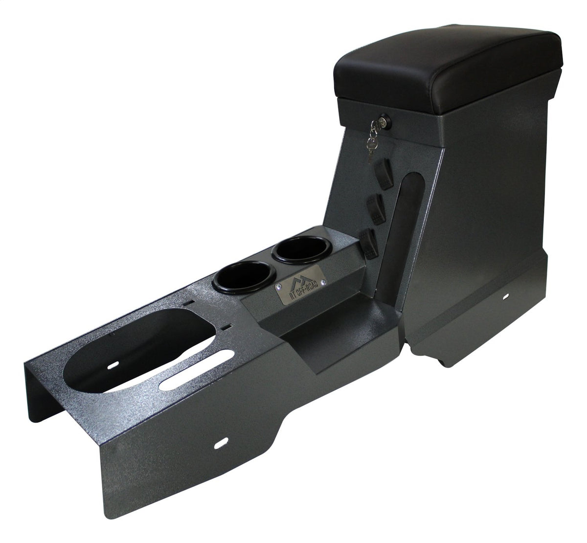 Center Console 2007-2010 JK Wrangler 2 front cup holders, 2 rear cup holders, 3 rocker switches, 2 round switches, and 3 fuse holders RT Off Road