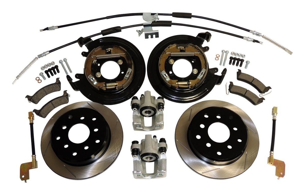 Brake Conversion Kit 1997-2006 TJ Wrangler Slotted Rotors/Pad Set/Calipers/Backing Plates/Parking Brake Shoes/Brake Hoses/Parking Brake Cables/Hardware 5 On 4.5 Inch And 5 On 5.5 in. Dana 35 RT Off Road