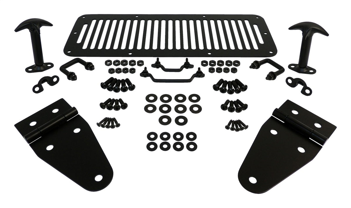 Hood Appearance Set With Vent Cover, Hinge Set, Catch Kit, Windshield Tie Down Kit, Hardware Matte Black Powder Coat Finish Stainless Steel Construction RT Off Road