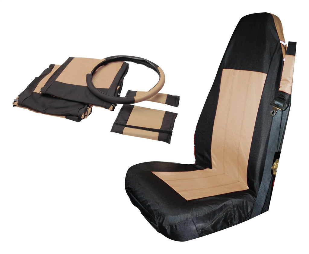 Seat Cover 1997-2002 TJ Wrangler 2 Front Black/Tan Polycanvas Seat Covers, 2 Seat Belt Pads, and a Steering Wheel Cover RT Off Road RT Off Road