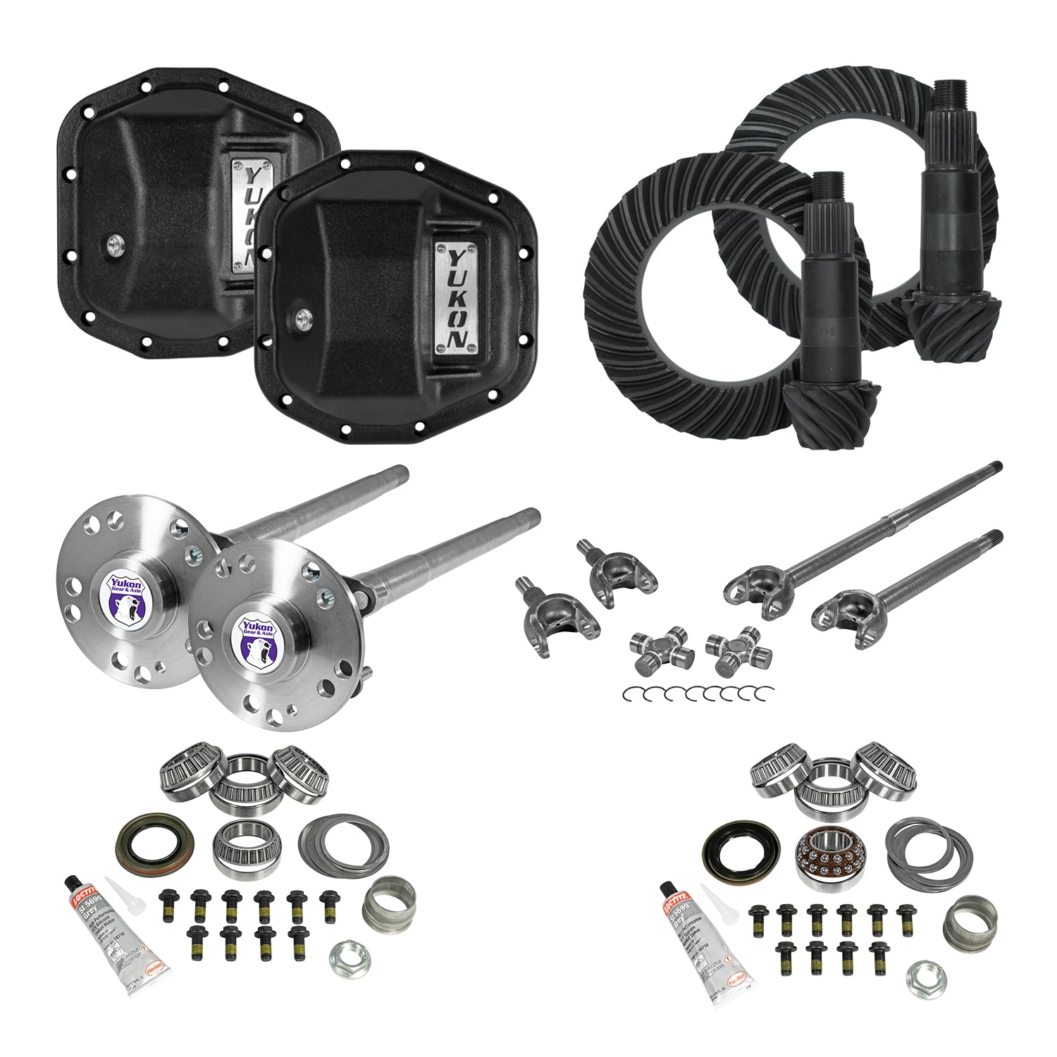 Stage 4 Jeep Jl/Jt Re-Gear Kit W/Covers Fr & Rr Axles Dana 44 5.38 Ratio JL & Jt Rubicon M220 Rear/ M210 Front Stage 4 Gear Kit Package 5.38 F&R Cover & 4340 F&R Axle Kits Yukon Gear